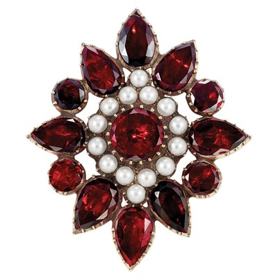 Lot 163 - Antique Gold, Foiled-Back Garnet and Split Pearl Flower Brooch