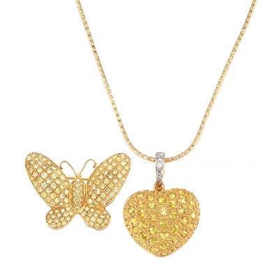 Lot 795 - Gold and Yellow Diamond Butterfly Pin and Yellow Sapphire and Diamond Heart Pendant with Chain