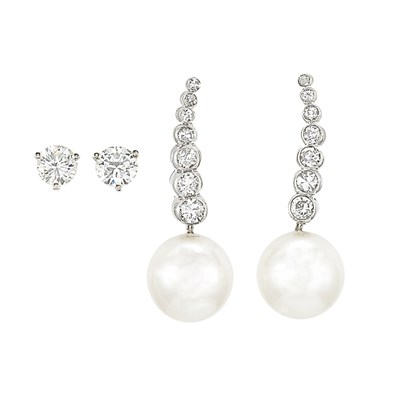 Lot 822 - Pair of White Gold and Diamond Stud Earrings and Pair of Diamond and Cultured Pearl Pendant-Earrings