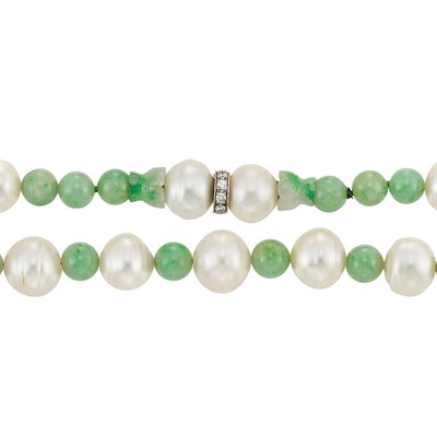 Lot 174 - Jade Bead, Carved Jade, Semi-Baroque Cultured Pearl and Diamond Necklace