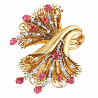 Lot 463 - Retro Gold, Platinum, Ruby, Carved Ruby and Diamond Clip, France