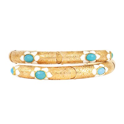 Lot 64 - Antique Gold, Turquoise and White Enamel Crossover Bangle Bracelet