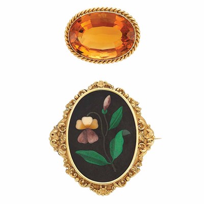 Lot 114 - Antique Gold and Pietra Dura Brooch and Citrine Brooch