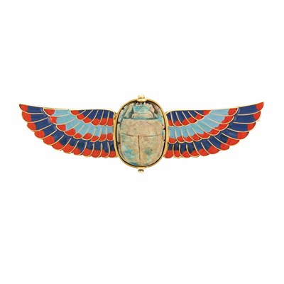 Lot 248 - Egyptian Revival Gold, Turquoise Scarab and Enamel Brooch