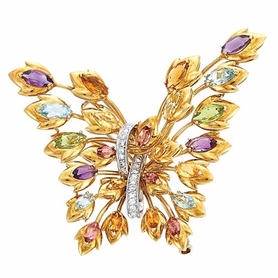 Lot 329 - Gold, Colored Stone and Diamond Butterfly Clip-Brooch