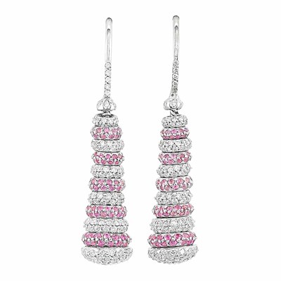 Lot 625 - Pair of White Gold, Diamond and Pink Sapphire Pendant-Earrings