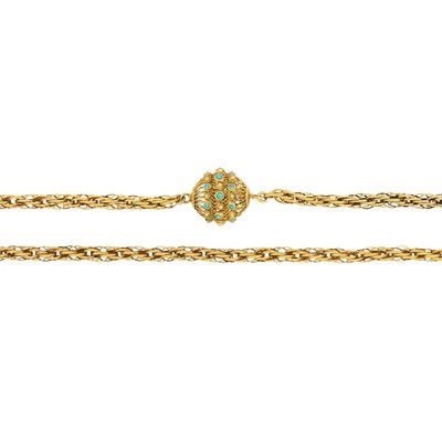 Lot 65 - Long Antique Woven Gold Chain Necklace with Gold and Turquoise Filigree Ball Clasp