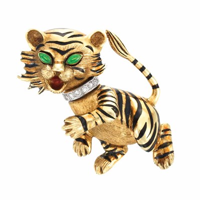 Lot 784 - Gold, Black Enamel and Diamond Tiger Brooch, Martine