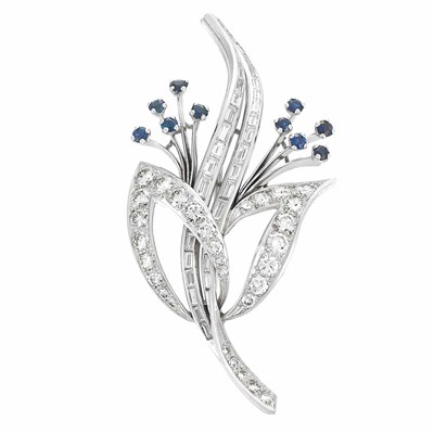 Lot 666 - Platinum, Diamond and Sapphire Leaf Brooch