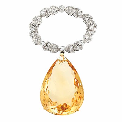 Lot 688 - Diamond Wreath Brooch with Citrine Pendant