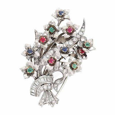 Lot 706 - Retro Platinum, White Gold, Diamond and Gem-Set Bouquet Clip