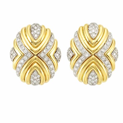 Lot 723 - Pair of Two-Color Gold and Diamond Earclips