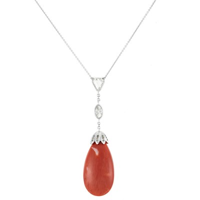 Lot 407 - White Gold, Coral and Diamond Pendant-Chain Necklace