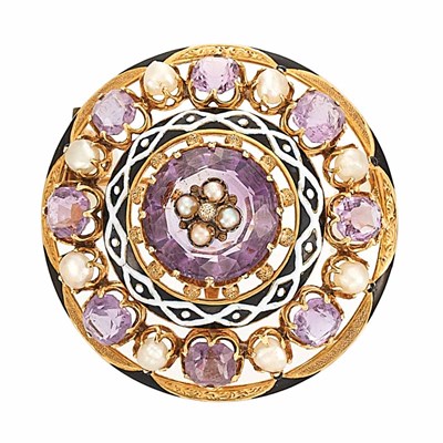 Lot 220 - Antique Gold, Amethyst, Enamel and Pearl Pendant-Brooch, France