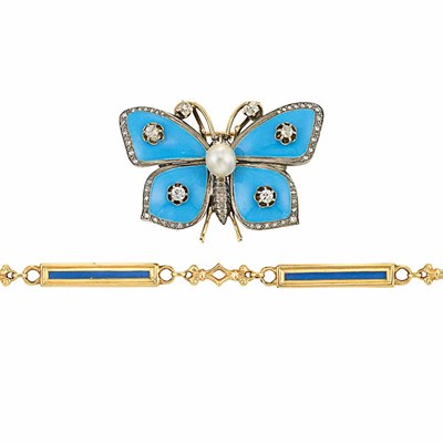 Lot 229 - Antique Silver, Gold, Blue Enamel, Diamond and Pearl Butterfly Pin and Gold and Enamel Chain Necklace