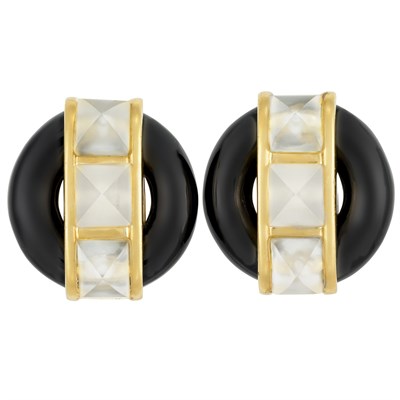 Lot 498 - Pair of Gold, Black Onyx and Frosted Rock Crystal Earclips, Cartier, Aldo Cipullo