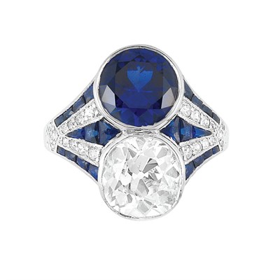Lot 98 - Art Deco Platinum, Diamond and Synthetic Sapphire Ring