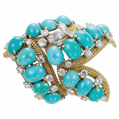 Lot 266 - Gold, Platinum, Turquoise and Diamond Clip-Brooch