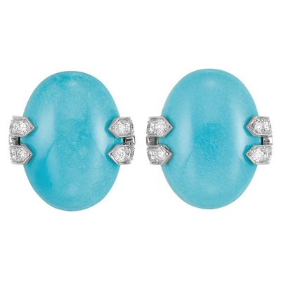 Lot 538 - Pair of Gold, Platinum, Turquoise and Diamond Earclips, David Webb