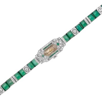 Lot 106 - Platinum, Diamond, Emerald and Dyed Green Chalcedony Wristwatch