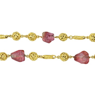 Lot 18 - Long Gold and Tumbled Pink Tourmaline Bead Necklace