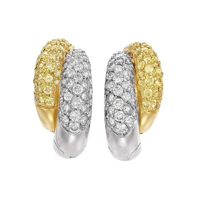 Lot 218 - Pair of Two-Color Gold, Diamond and Yellow Diamond Hoop Earclips