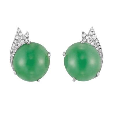 Lot 577 - Pair of Platinum, Jade and Diamond Earclips