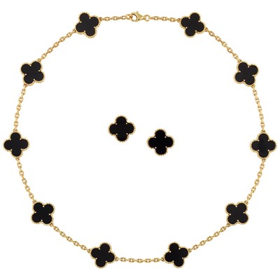 Lot 505 - Gold and Black Onyx 'Alhambra' Necklace and Pair of Earrings, Van Cleef & Arpels, France