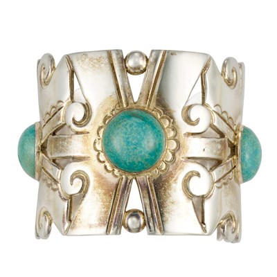 Lot 271 - Sterling Silver and Greenish-Blue Hardstone Cuff Bangle Bracelet, Spratling