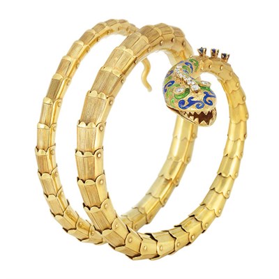 Lot 518 - Gold, Enamel, Diamond and Sapphire Coiled Snake Bangle Bracelet