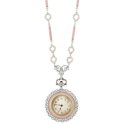 Lot 413 - Belle Epoque Platinum, Guilloche Pink Enamel, Seed Pearl and Diamond Pendant-Watch Necklace