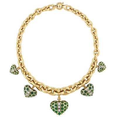 Lot 514 - Gold, Green Enamel and Diamond Puffed Heart Pendant-Necklace