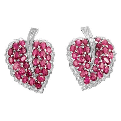 Lot 119 - Pair of White Gold, Ruby and Diamond Leaf Earclips
