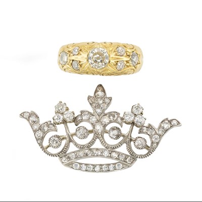 Lot 682 - Antique Silver, Gold and Diamond Crown Pin and Gold and Diamond Ring