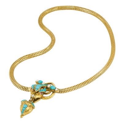 Lot 405 - Antique Gold, Turquoise and Split Pearl Serpent Necklace