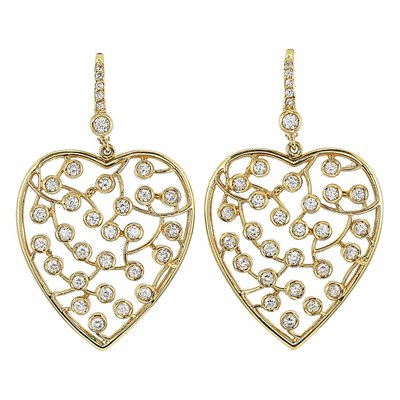 Lot 517 - Pair of Gold and Diamond Heart Pendant-Earrings
