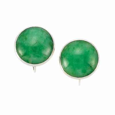 Lot 99 - Pair of White Gold and Jade Earclips