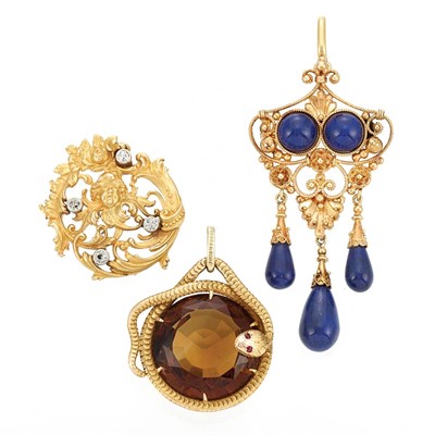 Lot 568 - Three Antique, Platinum, Gold, Diamond, Lapis and Citrine Pendant-Brooches and Pendant