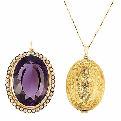 Lot 222 - Gold, Amethyst and Split Pearl Pendant and Antique Gold Pendant-Watch with Chain