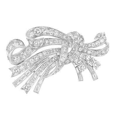 Lot 582 - Platinum and Diamond Ribbon Clip-Brooch