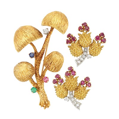Lot 35 - Pair of Gold, Platinum, Ruby and Diamond Flower Earrings and Gold, Diamond and Gem-Set Mushroom Brooch