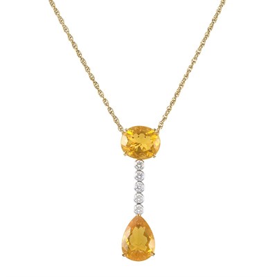 Lot 612 - Two-Color Gold, Fire Opal and Diamond Pendant with Gold-Filled Chain
