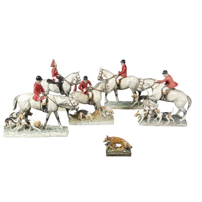 Lot 367 - Set of Painted Pottery Fox Hunting Group in...