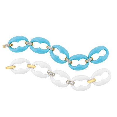 Lot 539 - Pair of White Onyx, Turquoise, Gold and Diamond Link Bracelets