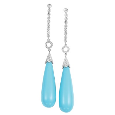 Lot 209 - Pair of White Gold, Diamond and Turquoise Pendant-Earrings