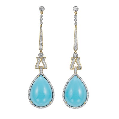Lot 216 - Pair of Gold, Diamond and Turquoise Pendant-Earrings