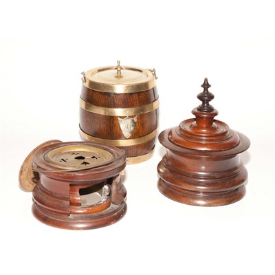 Lot 277 - Brass Bound Oak Biscuit Barrel; Together with...