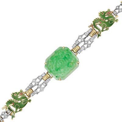Lot 179 - Gold, Platinum, Carved Jade, Diamond and Enamel Bracelet