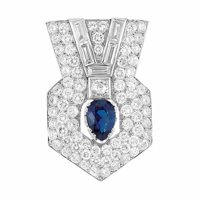 Lot 600 - Art Deco Platinum, Synthetic Sapphire and Diamond Clip