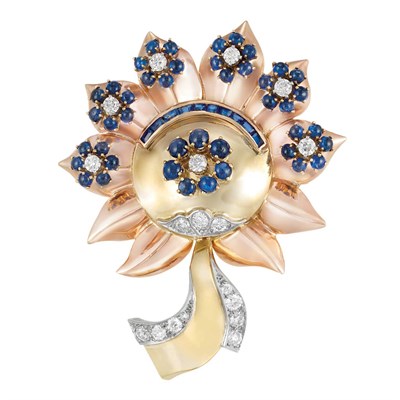 Lot 465 - Retro Two-Color Gold, Platinum, Diamond and Cabochon Sapphire Flower Brooch